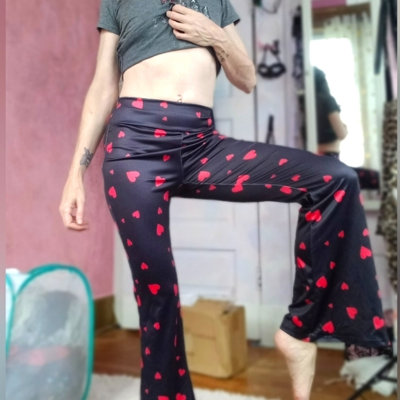 Silky heart print bellbottom pants! Stretchy legging kawaii style so cute! Nwot - Picture 2 of 6